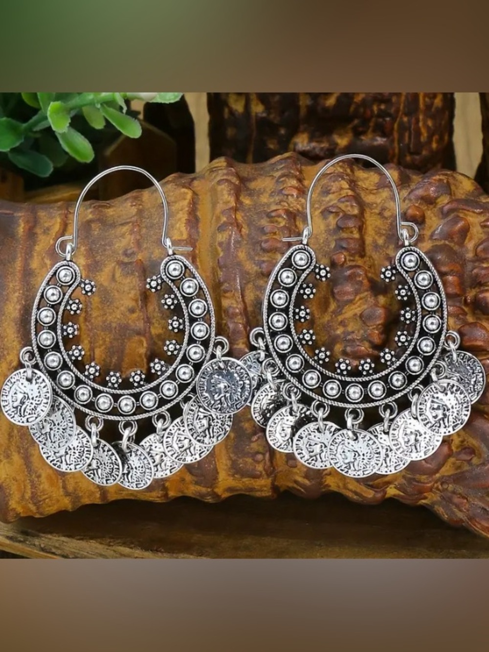 Silver-Tone Coin Dangle Hoop Earrings - Ornate Boho Style
